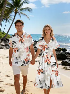 2026 Vacation Couple Outfit Women's Watercolor Flower Leaf Print Slit Midi Dress and Men's Button Up Shirt Matching Set