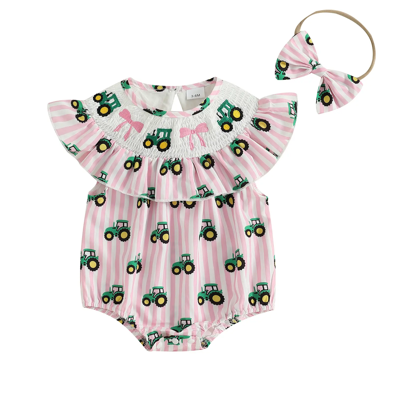 Newborn Baby Girl Polyester Striped Smocked Bodysuit Outfit - Doll Collar, Fly Sleeve, Tractor Print, Bow Headband, Country Farm Bubble Onesie