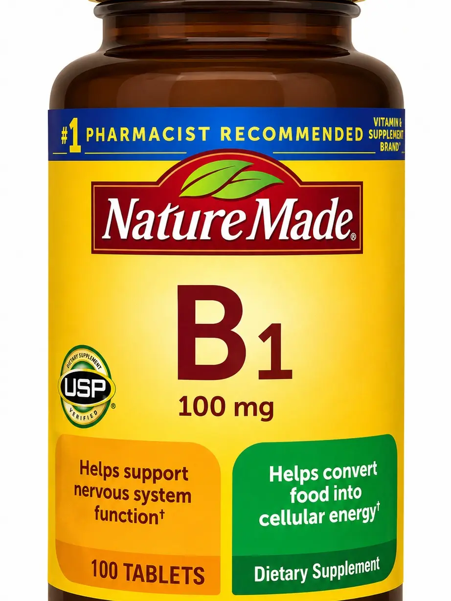 Nature Made Thiamin (as Thiamin Mononitrate) B1 Vitamin Supplement - 100mg, with Maltodextrin & Cellulose Gel, for Youth Children's Health & Nutrition Wellness