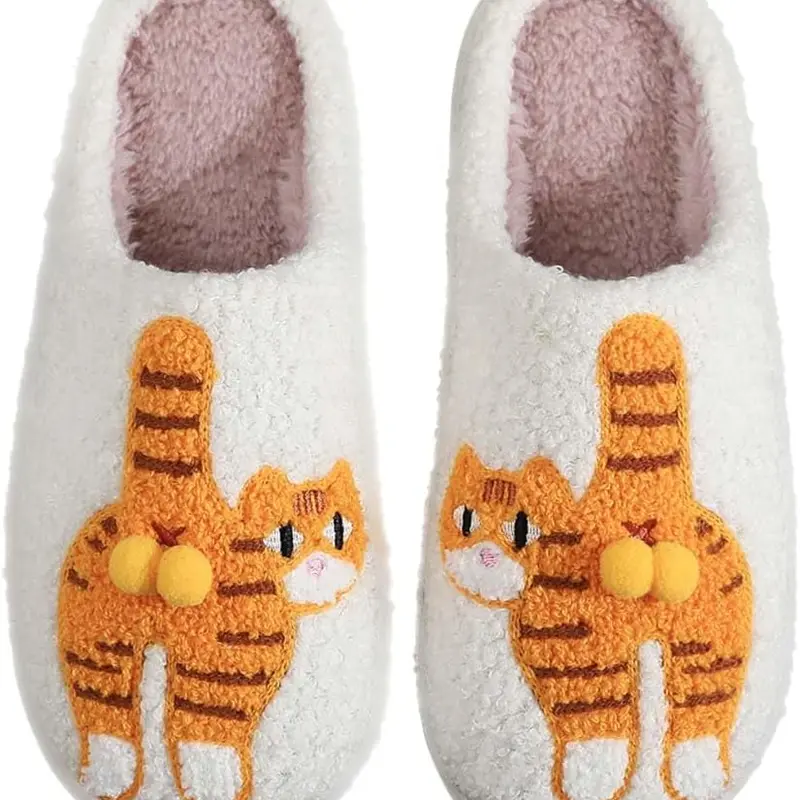Women's Cute Orange Cat Cotton Ankle Slippers - Flexible, Warm Fuzzy, Double Pom-Pom Bell Detail, Casual Indoor House Shoes with Egg-Inspired Comfort