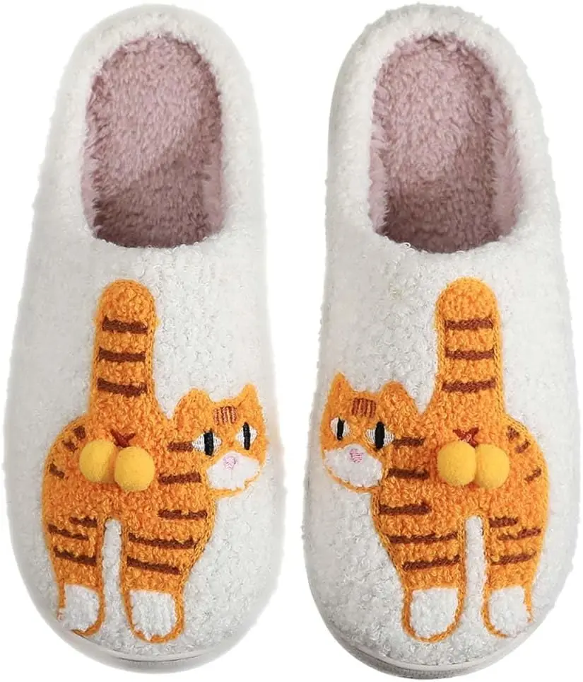 Cute Orange Cat Plush Slippers with Double Pom-Pom Bell Detail, Warm Fuzzy Indoor House Shoes for Women