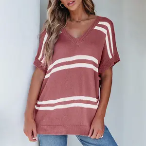 Shewin 2026 Spring/Summer Women's Oversized Knit Sweater Pullover Cozy Striped Crewneck Batwing Sleeve Stretchy Acrylic Top