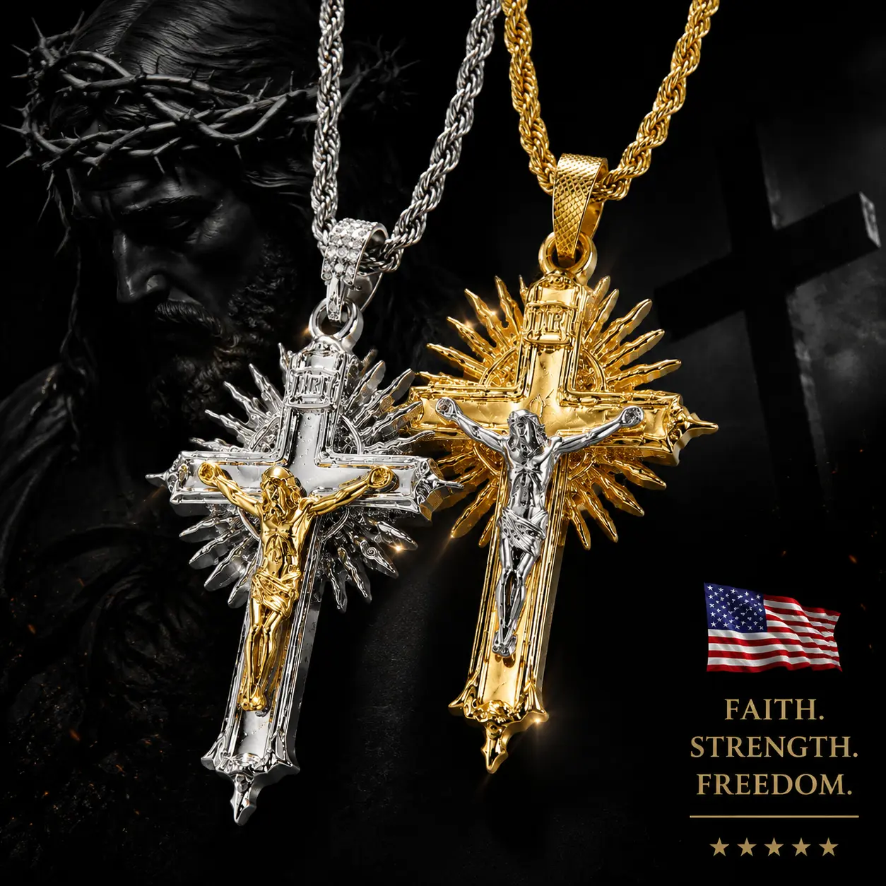Men's Unisex Christian Jesus Cross Necklace - 2-Tone Gold Finish Heavyweight Statement Piece Pendant with John 3:16 Engraving, Casual Daily Wear Faith Jewelry Gift