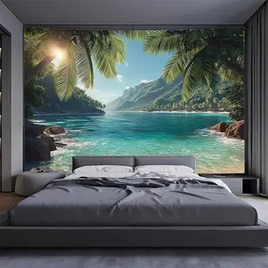 1 Large Tropical Beach Wall Hanging - Vibrant Seaside Scenery with Palm Tree and Waves, Premium Brushed Fabric for Indoor Decorations Suitable as Bedroom or Party Backdrop Live Streaming Background No Electricity Needed Natural Atmosphere Soft Texture, Ho