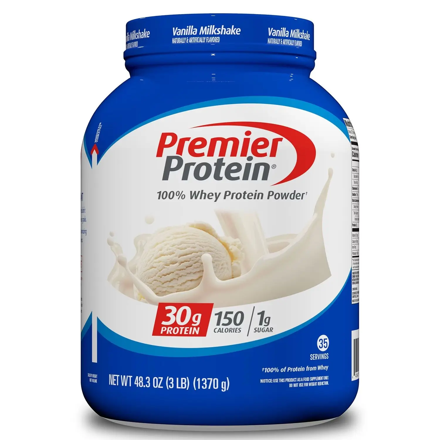Premier Edible 3 lbs 100% Dairy Whey Protein Powder, Vanilla Milkshake Flavor, 30g High-Nutrient Athletic Supplement, 35 Servings, Gluten-Free, Soy-Free, Award-Winning Taste, Muscle Growth Support, Adult Health Dietary Aid, Sucralose, Premier Protein