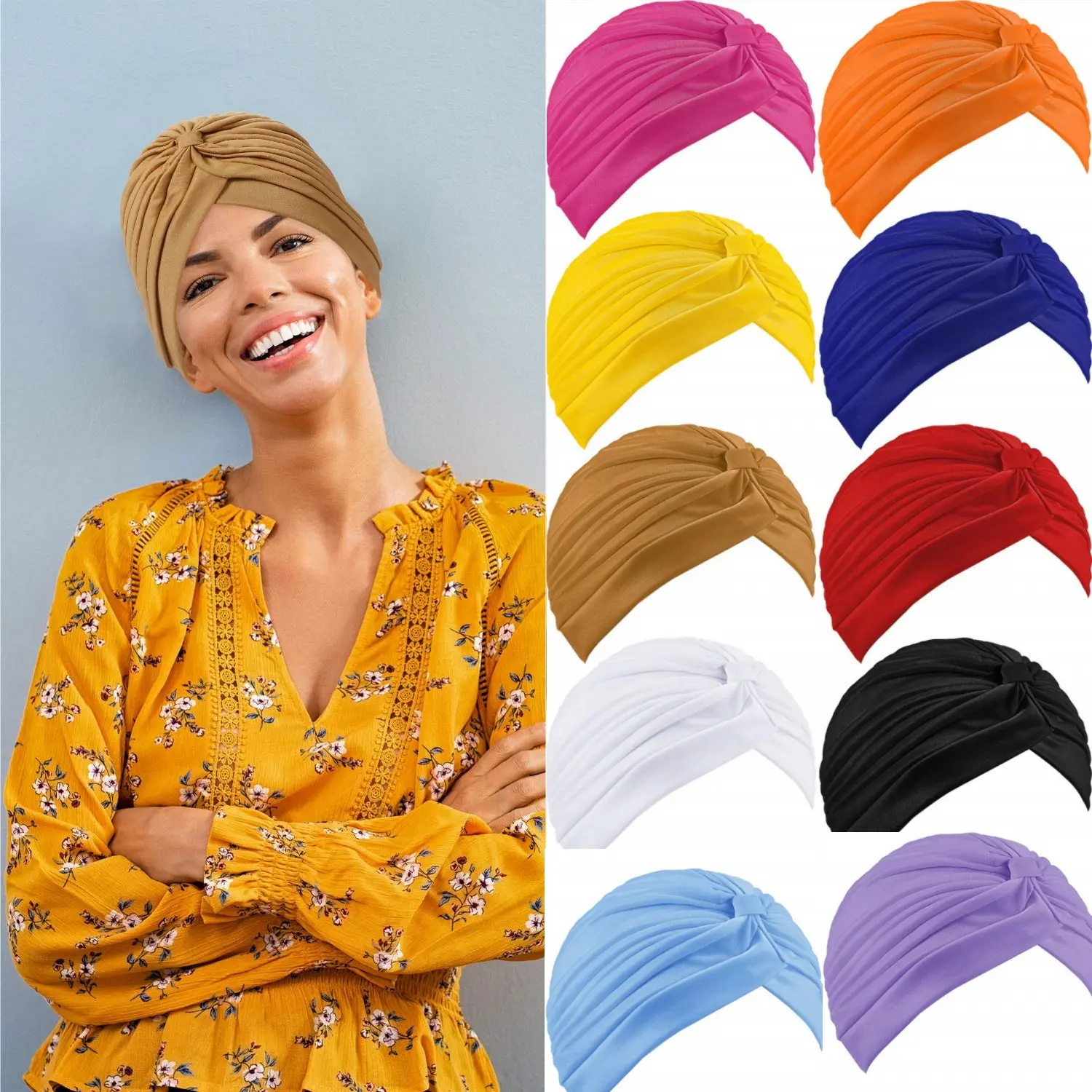 Women's 10-Pcs Plain Stretchy Twisted Indian Turban Caps, Breathable Polyester Chemo Head Wraps, All-Seasons Tignon Scarf, 1-Size-Fits-All Soft Cancer Headwear