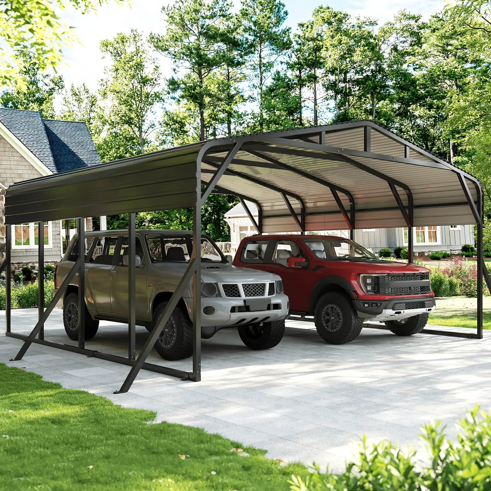 20x20ft Heavy Duty Carport Canopy for 2 Car, Metal Car Port Garage with Galvanized Steel Roof And Reinforced Stable Triangle Frame Base, Large Car Tent Shelter for Car, Pickup, Tractor, Boat