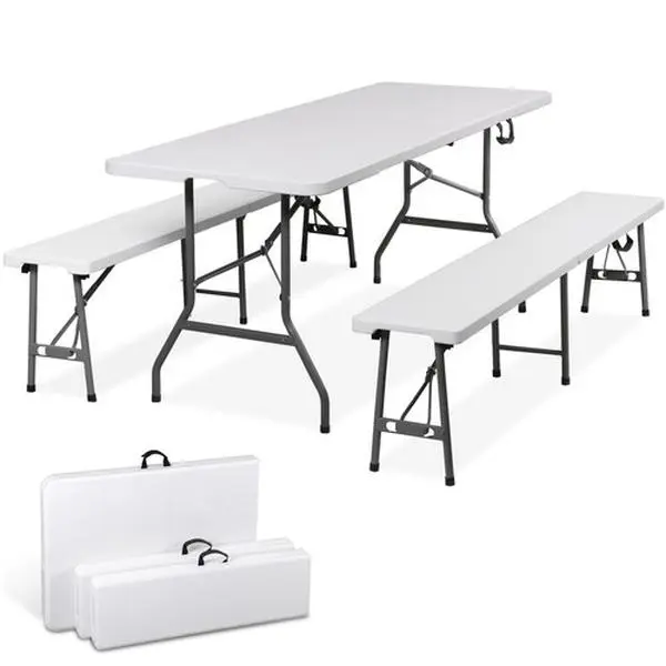 Zenstyle HDPE & Metal Folding Table Set - 6FT w/2 Durable Stain-Resistant Waterproof Top Benches, 17.52lbs, 220lbs Bench Capacity, 660lbs Table Capacity, Folded 36.1"l×12"w×3.3"h, Unfolded 72.3"l×12"w×17"h, White Indoor/Outdoor for Barbecues, Trade Shows,