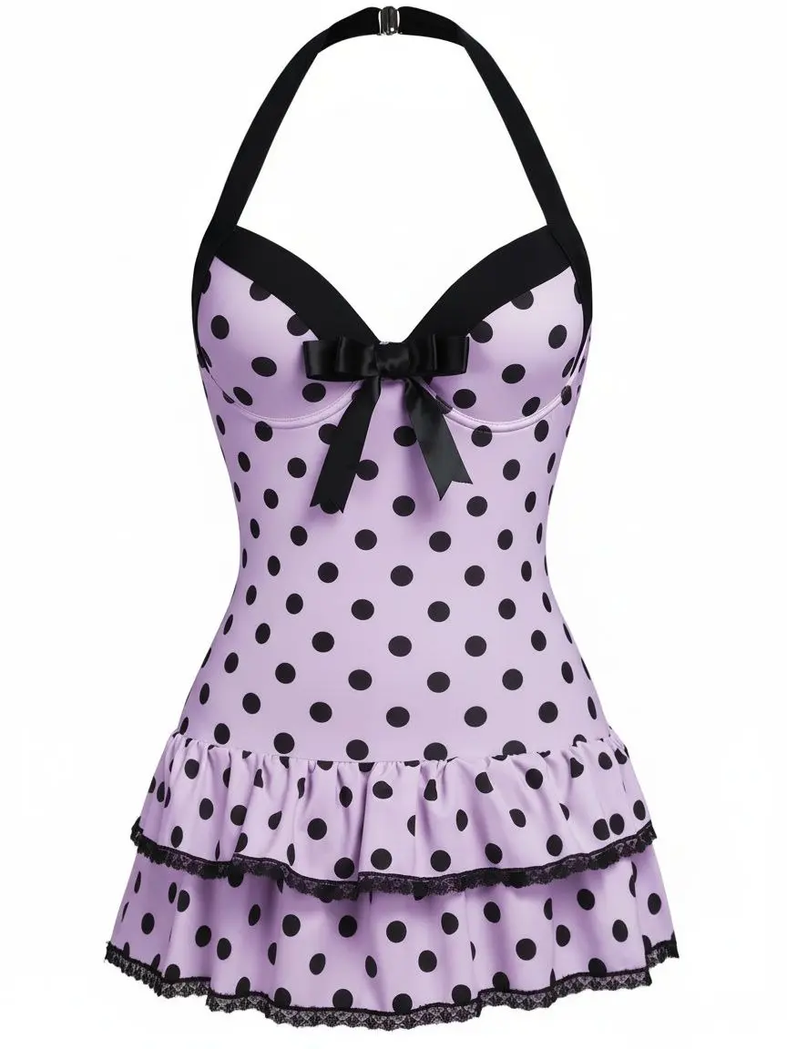 Purple 1940S HALTER POLKA DOTS BOW ONE-PIECE SWIMSUIT Vintage Charm Dainty Bow Ruffled Hem Comfortable Fit Backless Design Womenswear Comic Womenswear, One Piece Swimsuitsvacation swimwear for women cute summer outfits