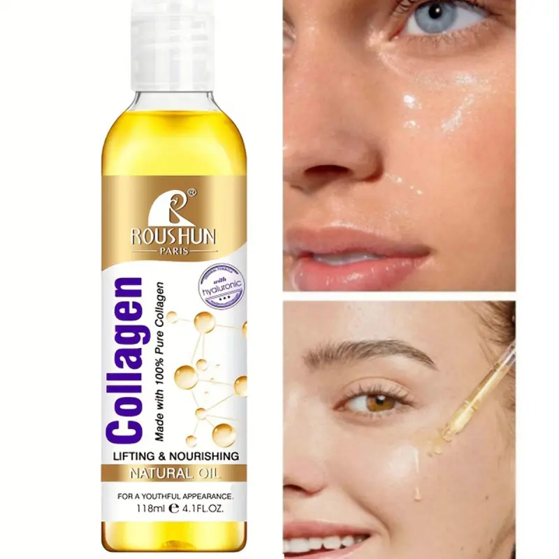 118ml ROUSHUN collagen body oil with Hyaluronic 118ml skincare oil moisturizes and nourishes the skin with a large capacity of whole-body essential oils for Body, Face, Hand, Lip, Eye, and Travel Moisturizing Hydrating Nourishing Oil