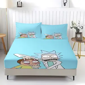 3-Piece Rick and Morty Pattern Bedding Set, Comfortable Printed Bed Sheet and 2 Pillowcases, Anti-Slip for Kids and Teens Gifts