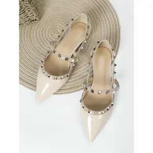 Fall/Winter Studded Decor Point Toe Mary Jane Flats, Apricot Color Fashionable Studded Solid Color Women's Flat Shoes