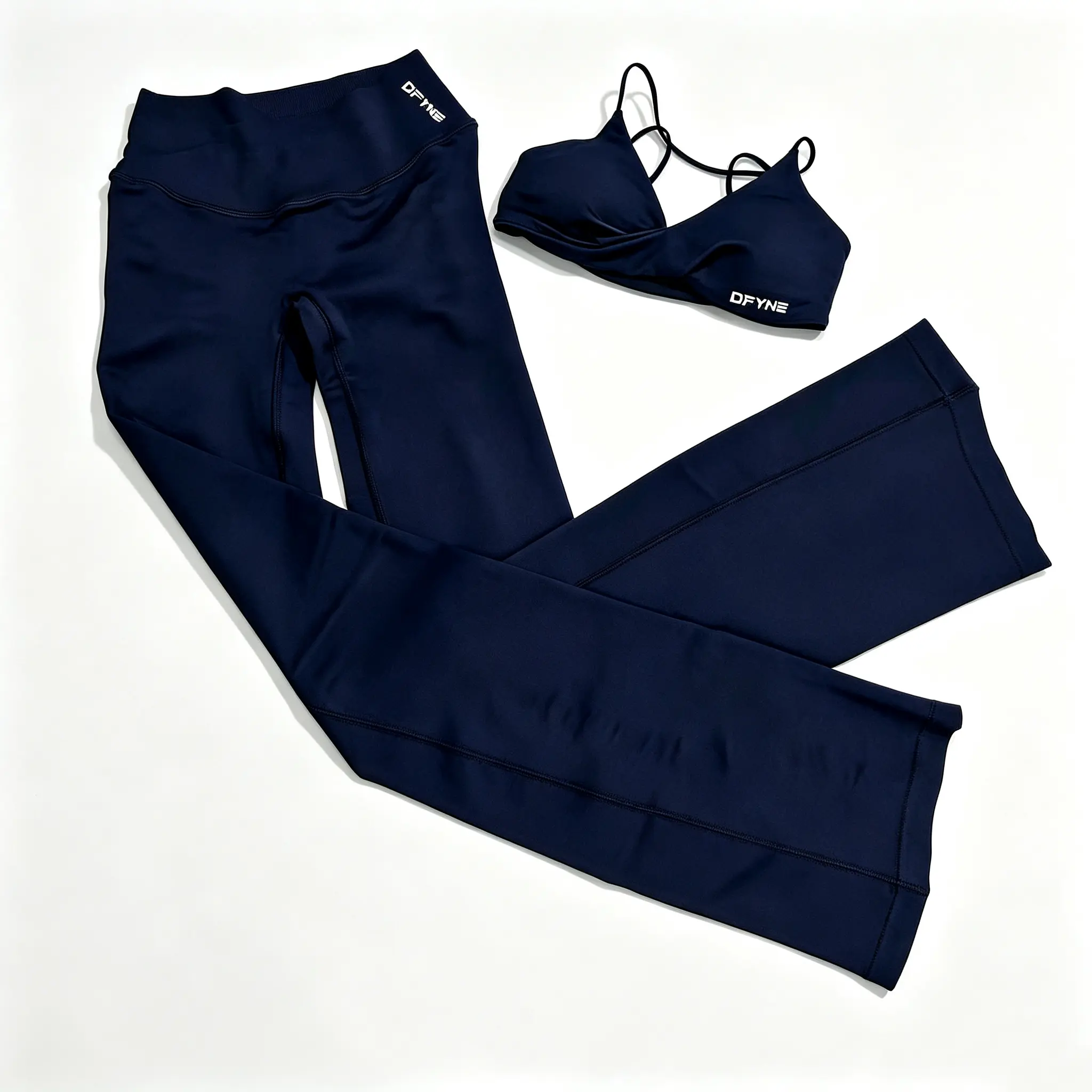 DFYNE 2 Piece Yoga Workout Set, Twist Front Thin Spaghetti Strap Padded Sports Bra & High Waist Flare Bootcut Leggings Matching Outfit, Soft Naked Nylon 4-Way Stretch Athletic Gym Set for Pilates Running Casual Streetwear
