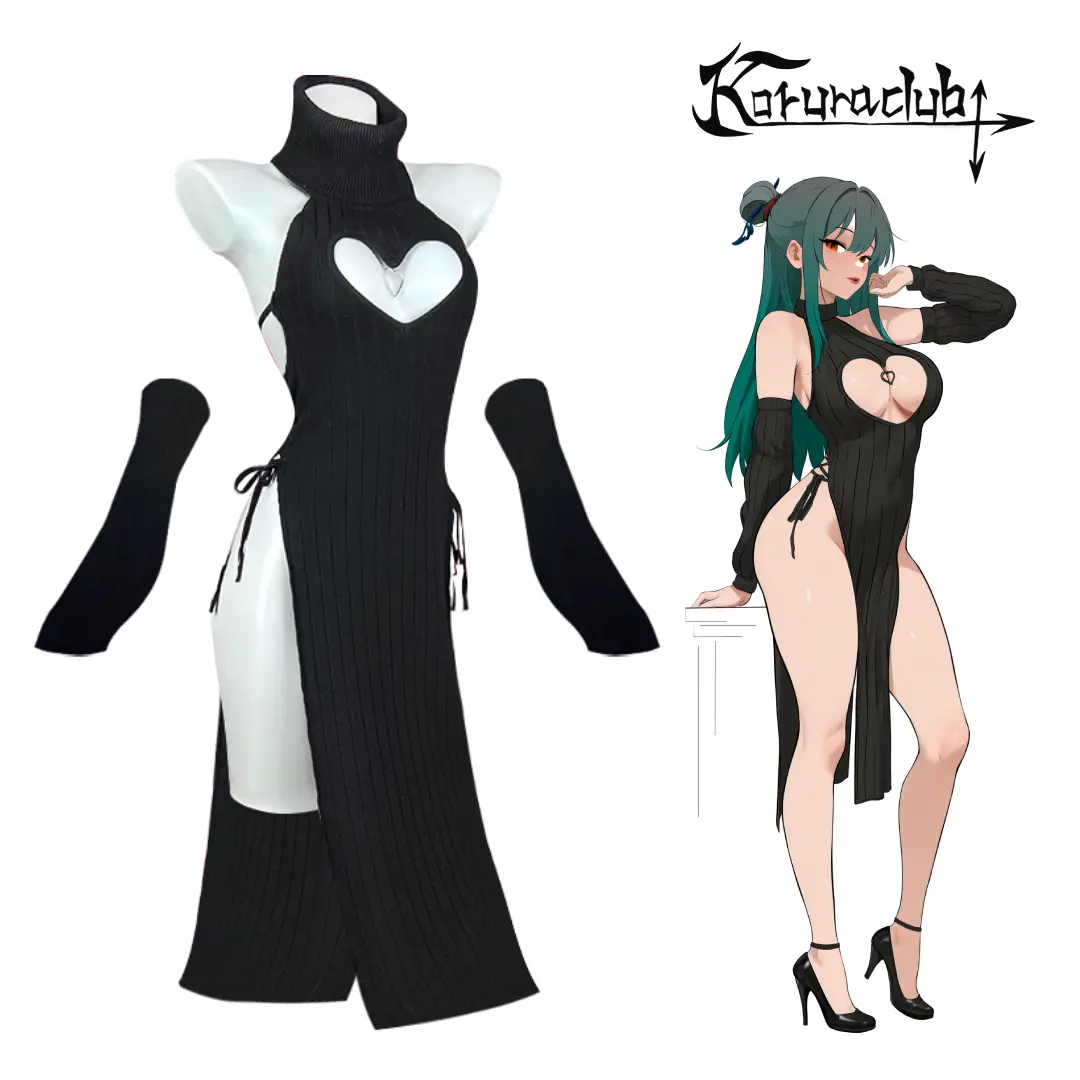 KORURACLUB Women's Heart-Designed Cheongsam Costume Set - Elegant Qipao-Inspired Outfits with Fishnet Tights, Summer Cosplay Costumes, Clothes, Women's Clothes, High Waist, Heart Shape, 4-Pieces, Ready To Wear, Coordinated Costume Set