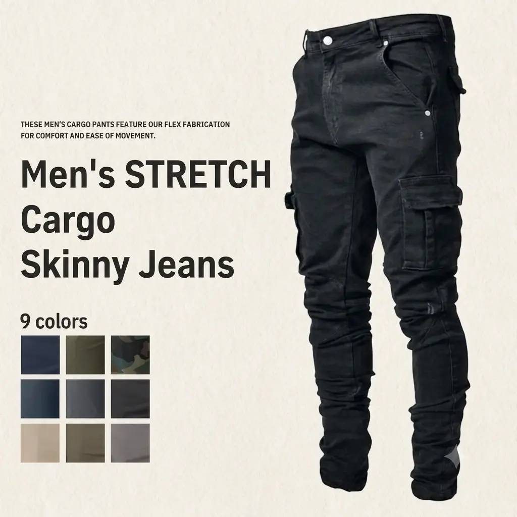HUNGSON Men's Cotton-Spandex Skinny Jeans - Natural High-Stretch Fabric, Frayed Leg, Body-Friendly, Modded, Comfort Flex Waist, Deep Pockets, Plain Hem, All Seasons Below Ankle Trousers