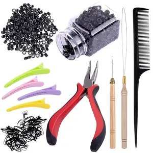Hair Extensions Kit 500 Pcs Black Micro Ring Beads 1 Hair Extension Plier 2 Hook Needle Pulling Loop 4 Plastic Alligator Hair Clips 1 Comb and 2 Bags Black Mini Rubber Hair Elastic