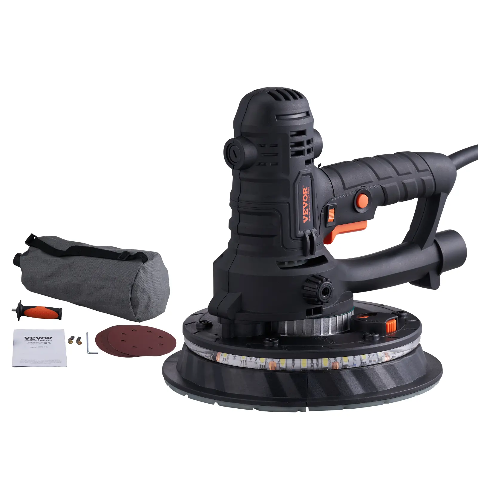 VEVOR Drywall Sander Power Tool Kit for DIY Home Projects, 800W Electric Sander with 12 Sanding Discs, 1200-2300 RPM Variable Speed, Automatic Vacuum Dust Collection, Double LED Strips, Dust Bag Set, Detachable Edge Rubber Grip