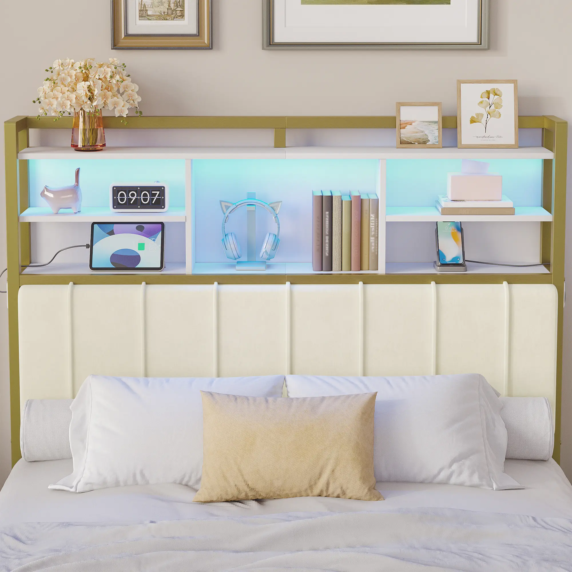 Hzuaneri Headboard with 3-Tier Storage Shelves, Velvet Upholstered Head Board with 2 Outlets, USB Ports & LED Light, Soft Backrest for Full Size Bed
