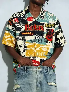 Men's Pop Art Collage Graphic Print Hawaiian Tropical Shirt, Retro 90s Camp Collar Short Sleeve Button Up, Breathable Loose Fit Streetwear Shirt for Beach Vacation Casual Daily Hip Hop Outfits, Viral TikTok Statement Piece
