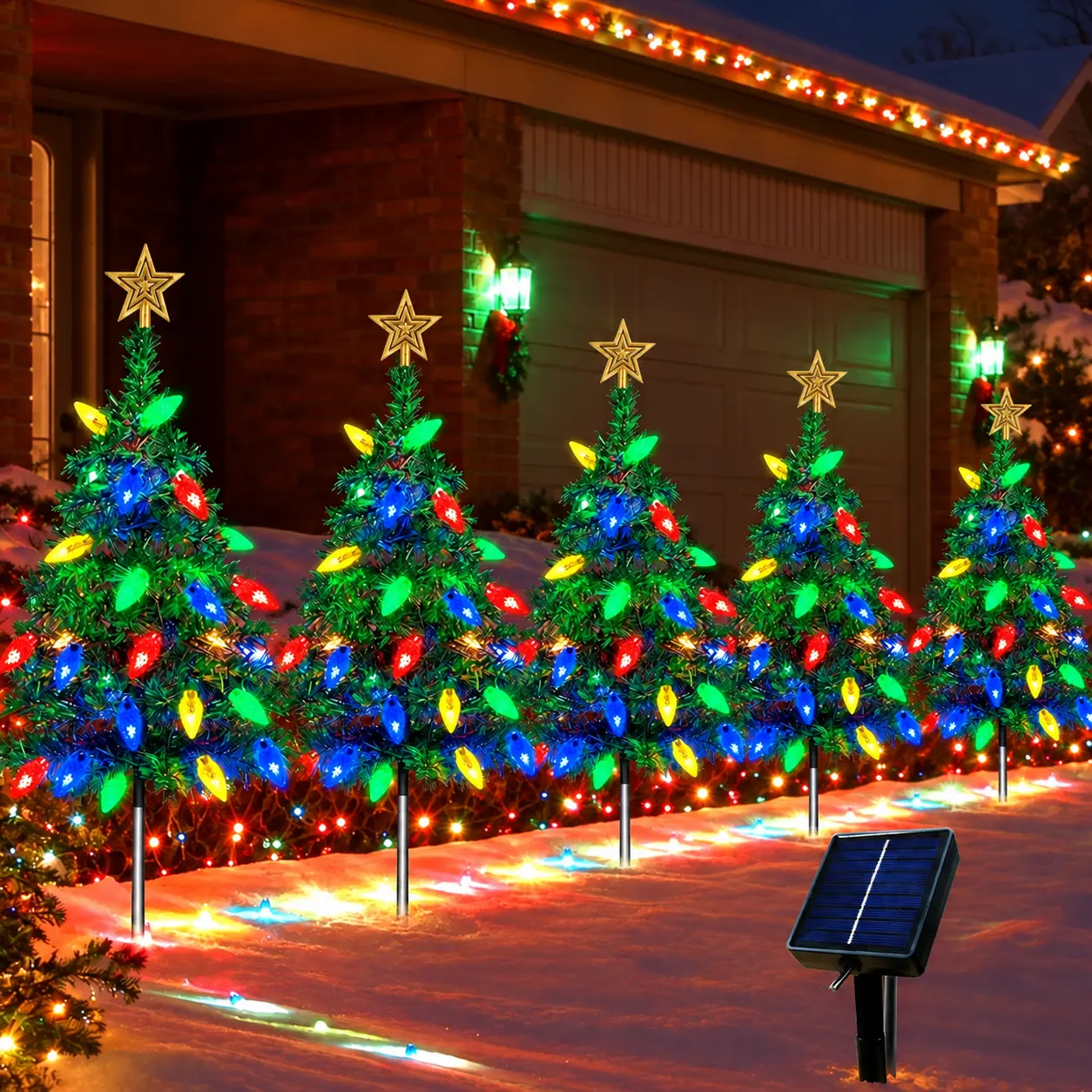 5-Pack Solar Christmas Tree Stake Light Sets, 80cm Colorful Plastic Ornaments with Gold Star Topper, 8 Lighting Modes, Auto Dusk-On, IPX4, Insert-Mount Yard Decor for Home Garden Christmas Decorations