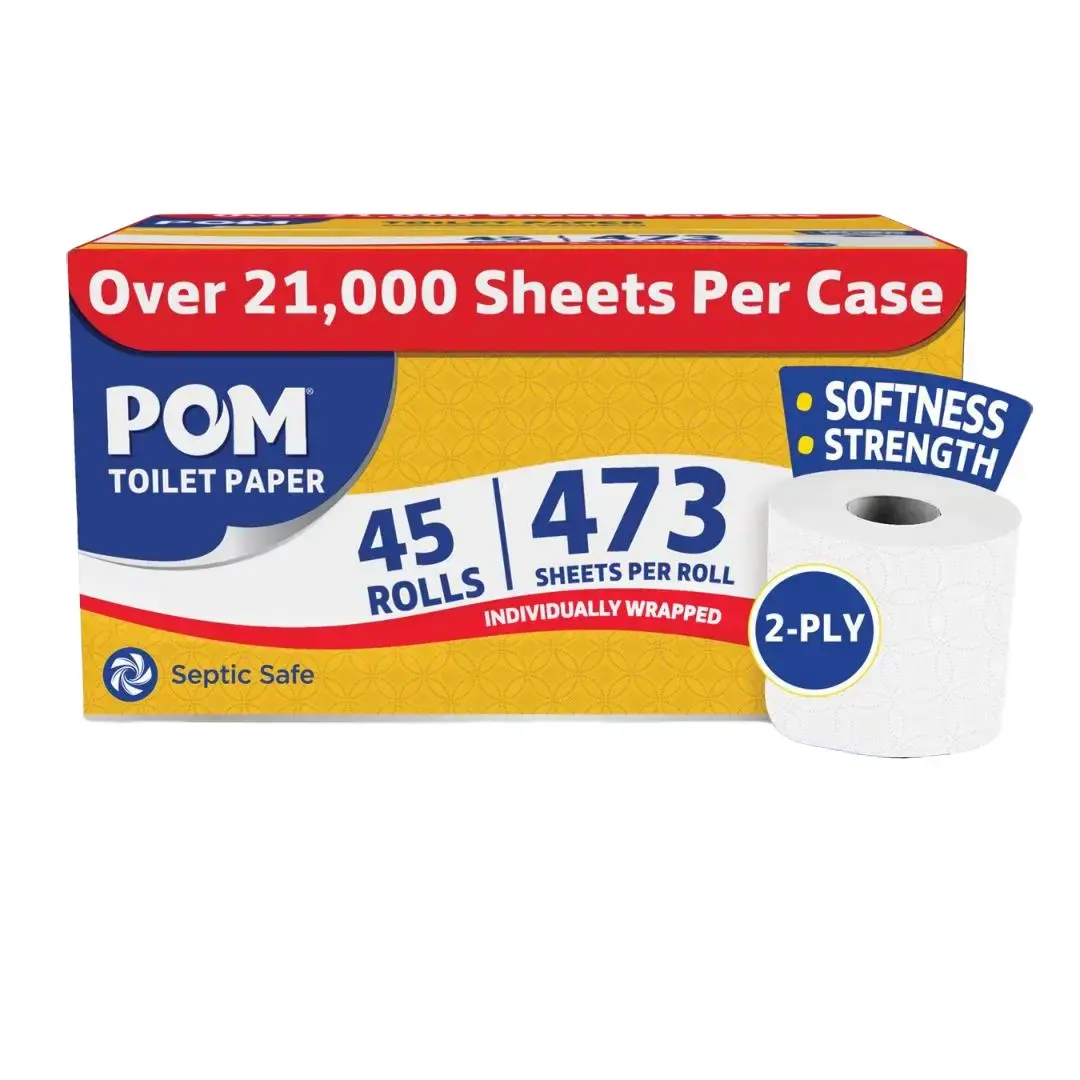 POM 2-Ply Toilet Paper Bulk Pack, 45 Rolls, 473 Sheets Each, Individually Wrapped, Soft Embossed, Septic Safe, Household and Business Bath Tissue
