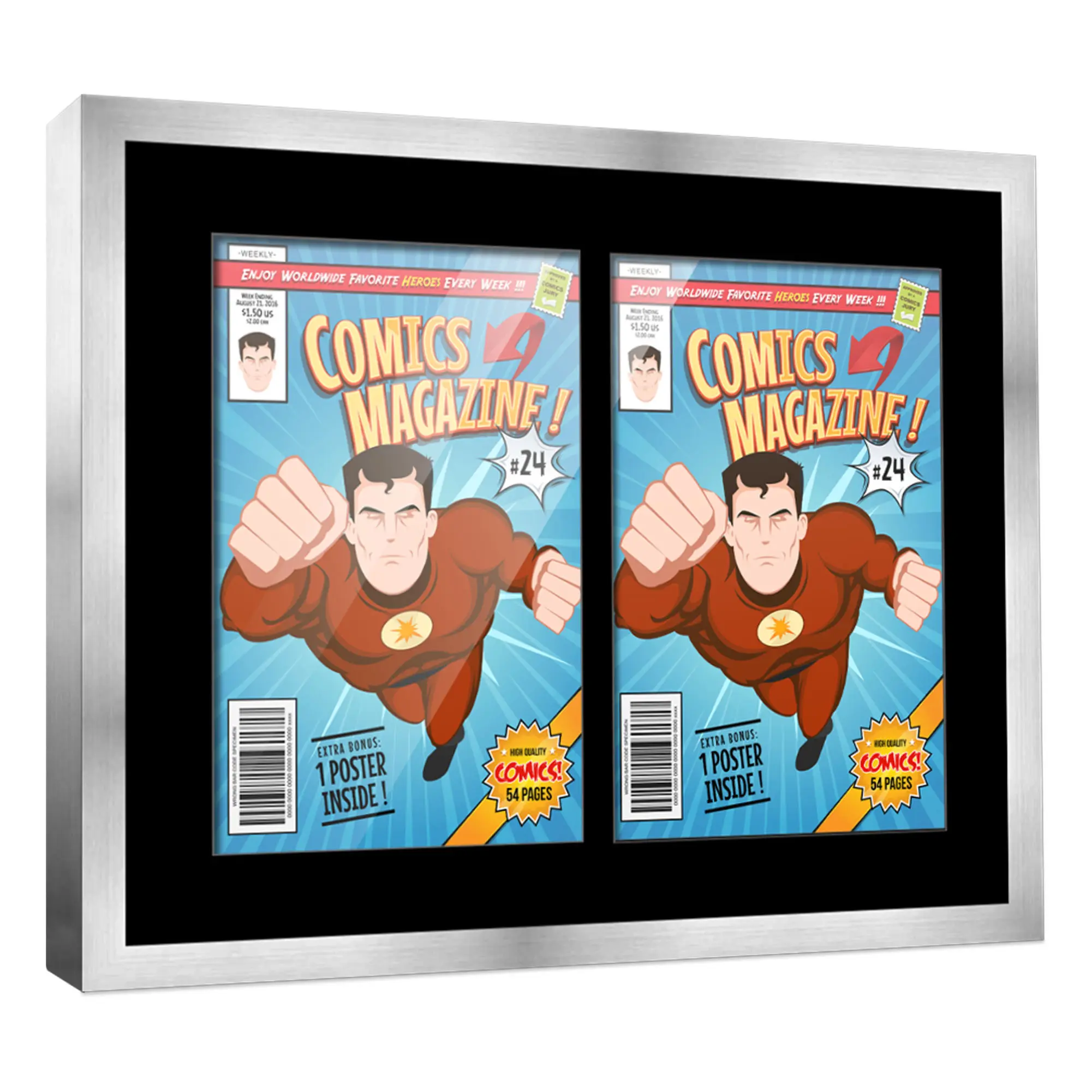 Comic Book Frame with Mat for 2 Current Era Comics Published After 1985 - Silver Wood Comic Frame With Black Mat for 6.875x10.5 Comics - 14x18 Frame Size