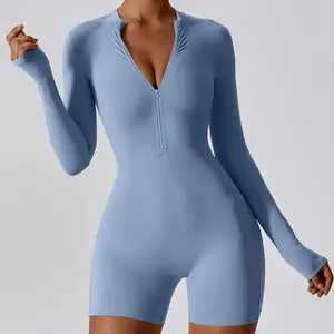Elara Sculpt Zip Jumpsuit Long Sleeve Overalls for Womenswear Core Sculpt Fabric Gym Rompers with Thumbholes and Chest-to-Waist Zip
