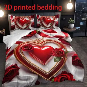 3-piece luxury heart-shaped rose duvet cover set (including 1 duvet cover and 2 pillowcases) unfilled, Decorative Duvet Cover, high-definition printed polyester material, holiday gift, Bedroom Bedding Set