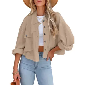 FMEYOA Womens Waffle Knit Shacket Jackets Lightweight Cropped Shacket Long Sleeve Button Down Shirts