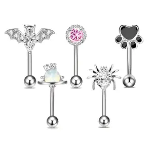 HERVAY 16G/8MM Merry Christmas Eyebrow Stud Hypoallergenic Stainless Steel Lips Eyeball Ring Little Dog Planet Spider Circle Bat Pink White Crystal Design Rook Helix Daith Compatible Unisex Piercing Accessories