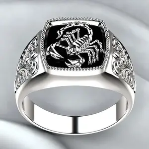 Black electroplated scorpion print ring, wide classic elegant stainless steel ring, men's Valentine's Day gift, anniversary party jewelry gift