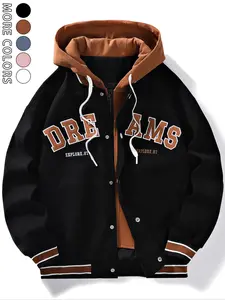 Men's Letter Print Striped Patchwork 2 in 1 Drawstring Hooded Jacket, Casual Regular Fit Drop Shoulder Long Sleeve Casual Style Outerwear for Spring & Fall, Fashion Men's Clothes for Daily Wear