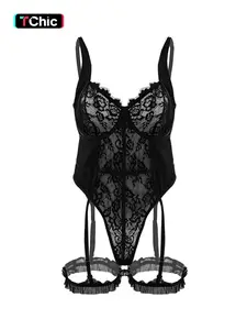 【Plus Size】 Solid Color Lace Bodysuit & Garter Belt & Thong Sexy Lingerie Three-piece Set, Plus Size Women's Underwear Set, Plus Size Women's Lingerie & Underwear