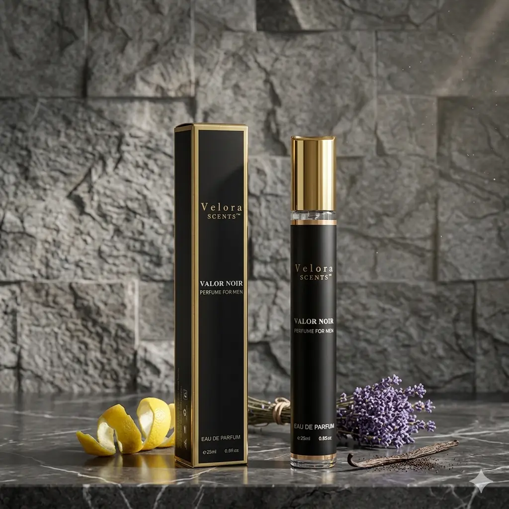 Velora Scents Valor Noir Men's Eau de Parfum 25ml Aromatic Lemon Lavender Vanilla Scent Deep Masculine Fragrance Long Lasting 6-7+ Hours Edp Perfume Spray Concentrated Oil Perfume Body Perfume sweet