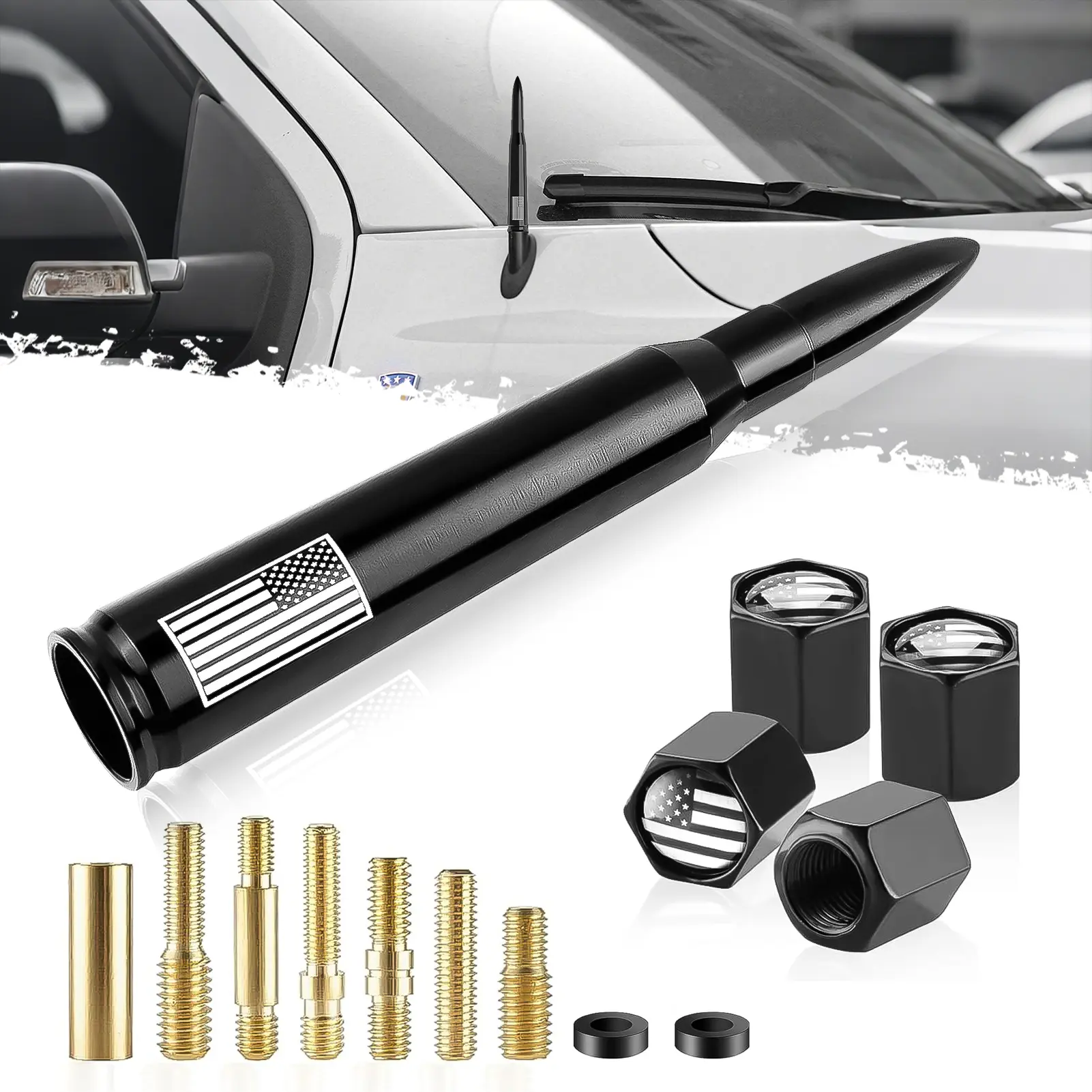 DIBMS Car Truck Antenna with Tire Valve Caps American Flag Universal, American Flag Car Bullet Antenna Black Truck Exterior Decoration Accessories New Upgrade Flag Design for Car SUV Truck Most Auto Cars Antenna Accessories Vehicle