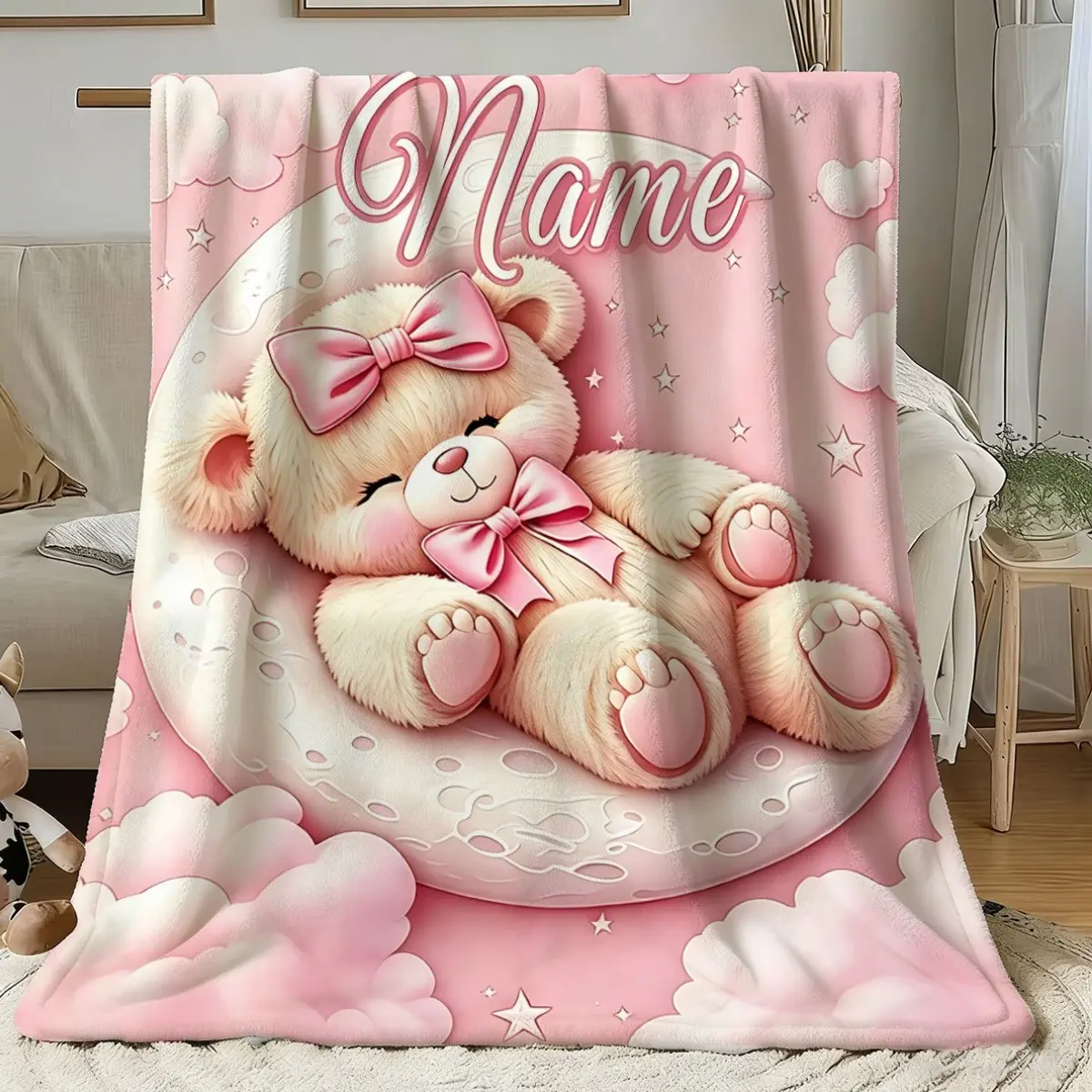 1pc Custom Name Flannel Pink Bear Personalized Blanket, with Exclusive Name Customization. Pink Bear Pattern Gift, Soft Warm Nap Blanket, Versatile for Sofa, Office, Camping, All-Season, High-Quality Durable Material, Comfortable Home Item