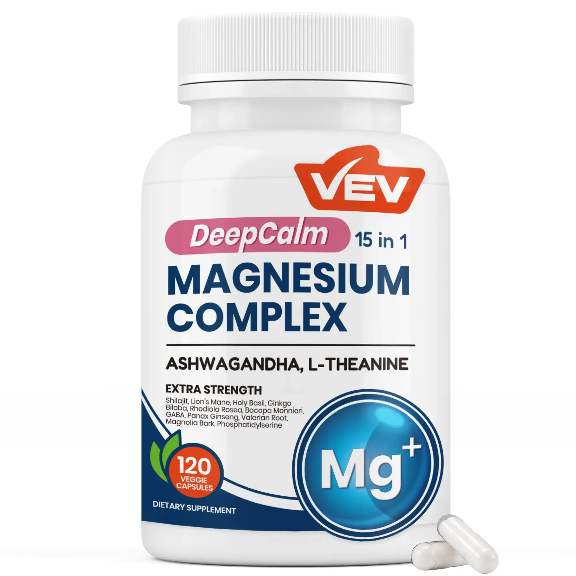 VEV 15-in-1 Magnesium Citrate & Glycinate Complex Vegan Capsules, Cortisol Support with Ashwagandha & L-Theanine, Natural Edible Mineral Dietary Supplement (120 Count)