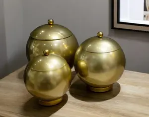 360 stand Multi-Size Round Gold Metal Lidded Canisters Set of 3 - Modern Decorative Home Organizers, Storage Jars, Ideal Gift for Home Organization Needs, Bottles