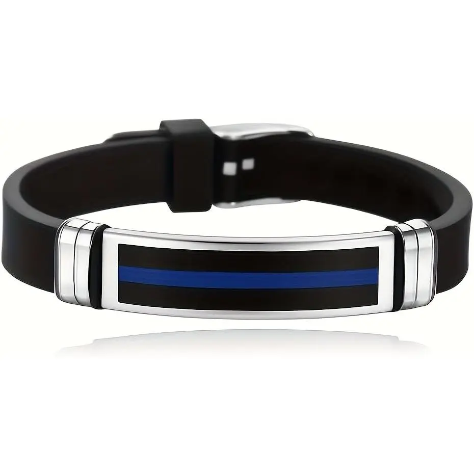 Thin Blue Line Silicone Bracelet with Stainless Steel Plate, Adjustable Buckle 9" for Daily Wear and Gifts
