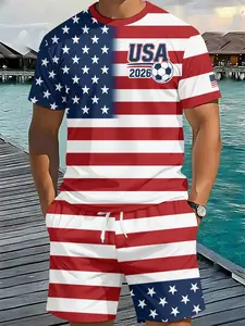 Men's 3D Digital Printed Two-Piece American Flag Football Tracksuit, 2Pcs, Fashion Trendy Suit, Retro Casual Two-Piece Outfit, Vacation-Style Trendy Wear, Breathable Sports Casual Style, Perfect Festival Gift for Men