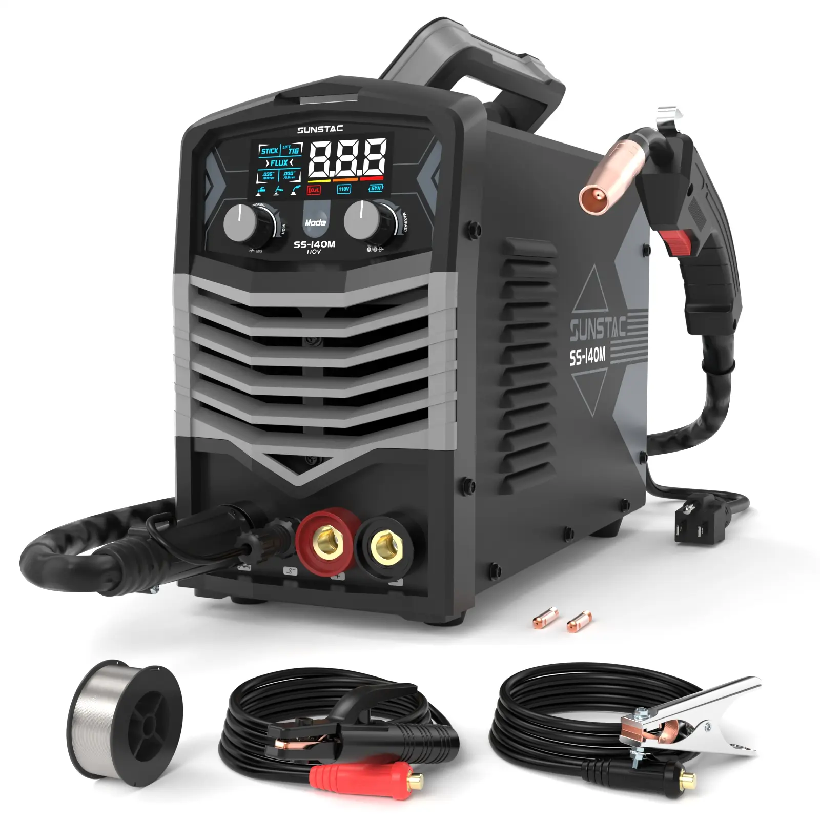Sunstac SS-140M 110V Gasless MIG Welder - 140A 3-in-1 Portable Welding Machine for Flux Core MIG, Lift TIG, & Stick Welding, Inverter Synergic Wire Feeder Welder for Home DIY