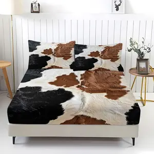 3Pcs Cowhide Inspired Fitted Sheet Set, Decorative Bedsheet Sets, Black, White, and Brown Pattern Bedding Set, Soft and Curly Texture, Stylish Bedding for a Natural Home Decor, Perfect for Rustic and Chic Bedroom Makeover,Includes 2 pillowcases