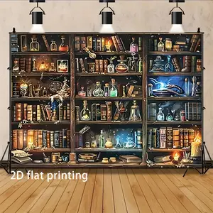 1pc 2D Flat Wizard's Study Backdrop - Magical Library Theme with Bookshelves, Potion Bottles & Glowing Book Spines - Enchanted Fantasy Wall Decor for Halloween, Christmas, Themed Parties - Easy Banners Ornaments