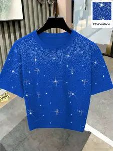 Men's Shiny Rhinestone Starry Sky Print Y2K Cross Fitted T-Shirt, Summer Stylish Casual Fashion Fitted Embellished Short Sleeve, American Street Style Streetwear Tee