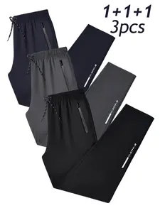 Men’s 3-pack high-stretch casual business jogger pants with an elastic waistband, zippered pockets, lightweight cool-touch fabric, and a straight cut—suitable for golf, casual wear, and everyday use.