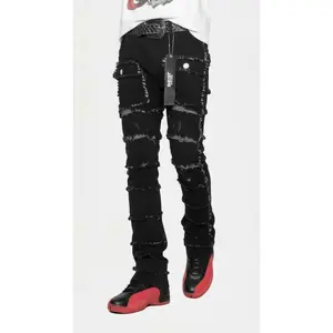 Statement Layered Distressed Jeans - Best Fitted Black Stack with Fringe Detail