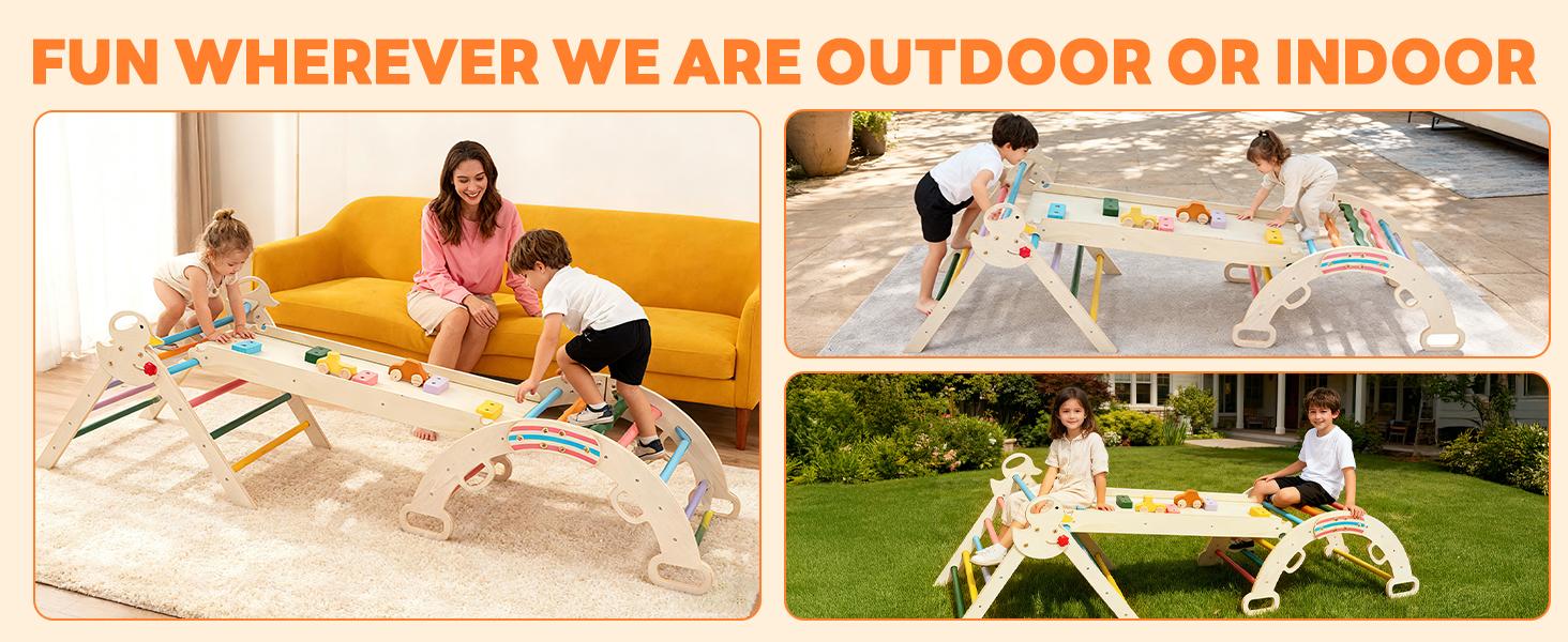 7 In 1 Pikler Triangle Climber With Arch And Slide, Foldable Space Saving Design For Home,  Foldable Design Saves Space,Solid Wood Supports 160 LBS, Includes Blackboard For Creative Play