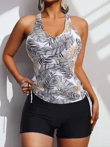Women's Leaf Print Tankini Set, Casual Sleeveless Swim Top & Swim Bottom Two-piece Swimsuit for Beach Holiday Vacation, Ladies Swimwear for All Seasons