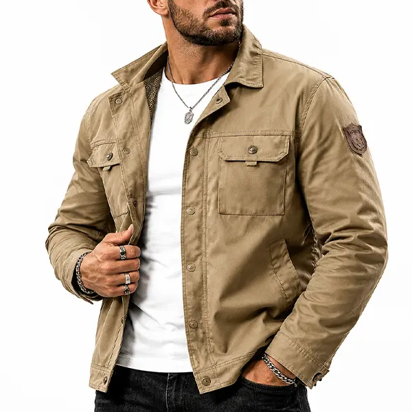 Men’s Fitted Cut Polyester Fabric Utility Cargo Jacket - Button-Up Vintage Casual Tactical Workwear Coats with Leather Badges, Pockets, Breathable Mesh Lining, Autumn & Winter Outdoor Streetwear (No Short Sleeves)