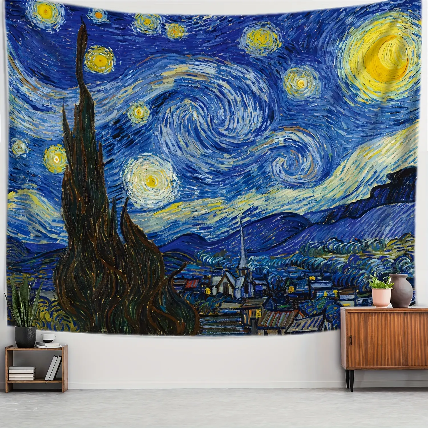 [Van Gogh Tapestry] Vibrant Van Gogh Starry Night Tapestry |       Horizontal Peach Light Beige Fabric Wall Hanging for Bedroom & Living Room Decor, Indoor Artwork